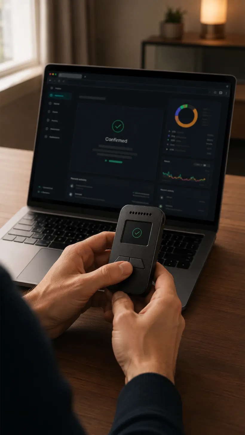 A green confirmation on both the device screen and the app after the transaction is signed.