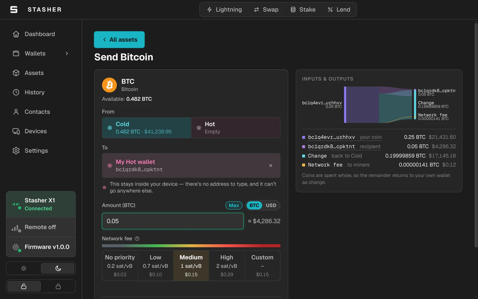 The Send Bitcoin form with a cold wallet selected, an amount entered, fee presets, and a diagram of inputs and outputs.
