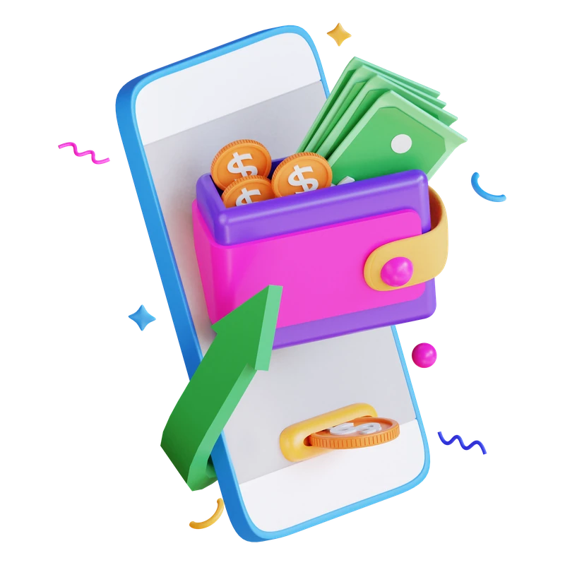 A wallet holding notes and coins, standing on a phone.