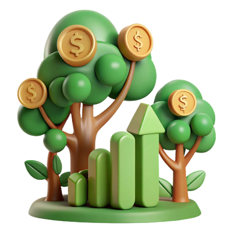 Trees bearing coins beside a rising bar chart.